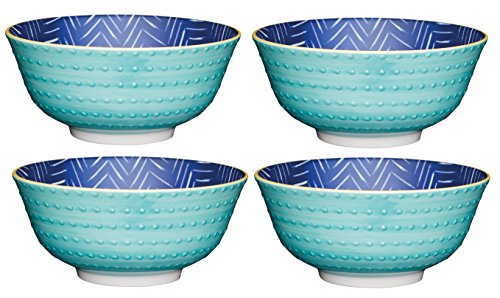 Kitchencraft Footed zig-zag/spotty-patterned cuencos, 15,5 cm (6 ") (Set de 4), cerámica, azul/verde, 15,5 x 15,5 x 7,5 cm