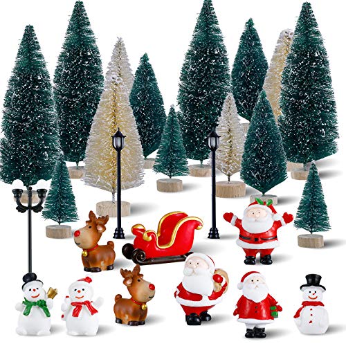 Kits de 32 Adornos Navideños en Miniatura de Manualidades Mini Árbol de Navidad Árbol de Cepillo de Botella Adornos de Figuras de Nieve en Miniatura de Navidad Lámpara de Calle en Miniatura