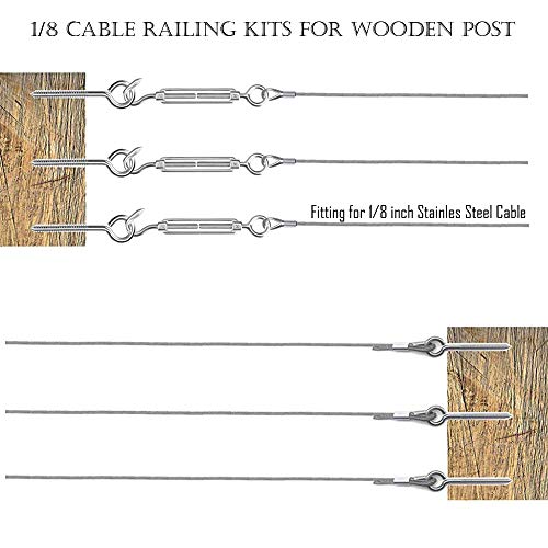 Kits de Barandilla de Cable de 1/8 "para Poste de Madera, Colador Tensor de Alambre de Acero Inoxidable 304, Tensor de Tornillo, Tirabuzón y aro de Aluminio