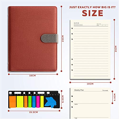 KKDragon Cuadernos Bonitos A5 Tapa Dura + Notas Adhesivas + Plan Semanal y Líneas Rayadas, 6 Agujeros Anillas, Carpeta Pu Premium Estilo Lienzo, Color Contrastante, 80 Hojas/160 Páginas