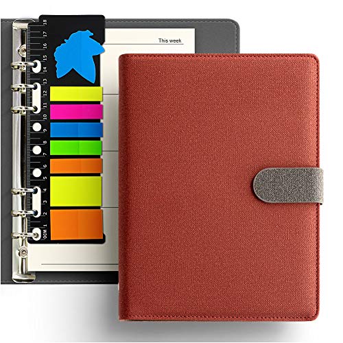 KKDragon Cuadernos Bonitos A5 Tapa Dura + Notas Adhesivas + Plan Semanal y Líneas Rayadas, 6 Agujeros Anillas, Carpeta Pu Premium Estilo Lienzo, Color Contrastante, 80 Hojas/160 Páginas