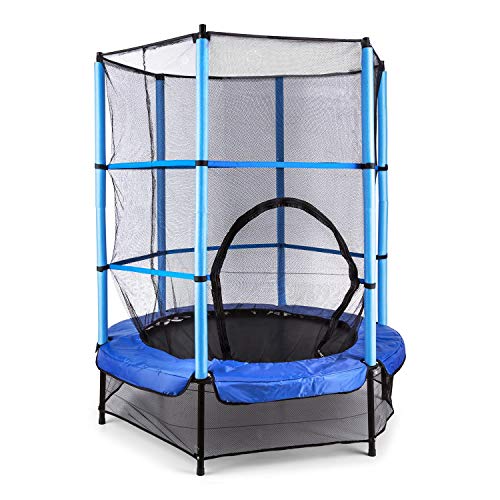 Klarfit Rocketkid Blue Edition - Cama eslástica, Cama elástica Infantil, A Partir de 3 años, 140 cm, Red de Seguridad, Suspensión de Cuerda elástica, Carga máx. 50 kg, Borde Acolchado, Azul