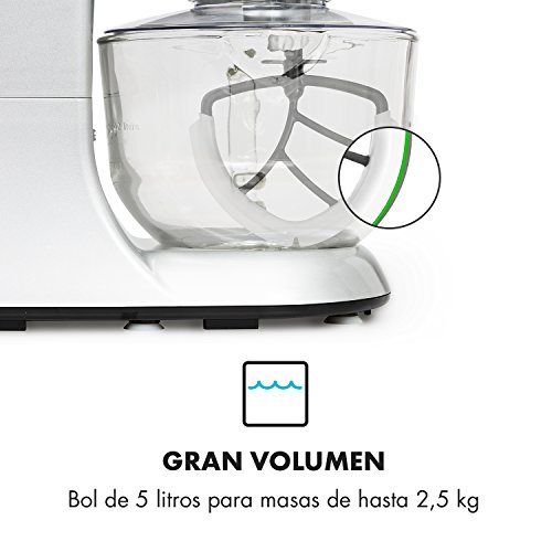 Klarstein - Bella Argentea 2G, Robot de Cocina, Mezcla, Amasadora, Batidora, 1200W, 2,5 a 5,2 litros, Bol Cristal, 6 velocidades, Función Pulso, Sistema Mezcla planetaria, Plateado