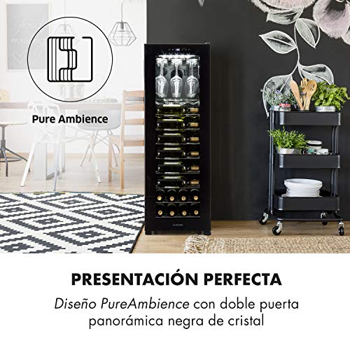 Klarstein Bellevin 62 - Nevera para vinos, Zona única de refrigeración, 173 litros de capacidad, Puerta panorámica, Cristal doble, Portacopas ChilledGlas, PureAmbience, Clase A, Negro