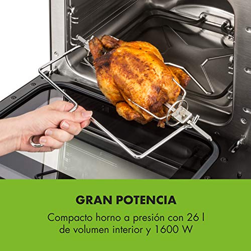 Klarstein Blaise Horno - Minihorno, 1600 W de potencia, 26 litros de volumen, Presión: 0-15 Pa, Función giratoria a 360°, Calienta por arriba y por abajo, Panel digital táctil, Plateado