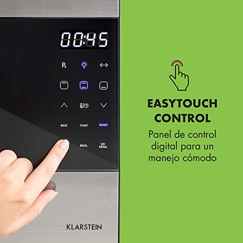 Klarstein Blaise Horno - Minihorno, 1600 W de potencia, 26 litros de volumen, Presión: 0-15 Pa, Función giratoria a 360°, Calienta por arriba y por abajo, Panel digital táctil, Plateado