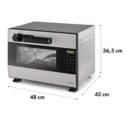 Klarstein Blaise Horno - Minihorno, 1600 W de potencia, 26 litros de volumen, Presión: 0-15 Pa, Función giratoria a 360°, Calienta por arriba y por abajo, Panel digital táctil, Plateado