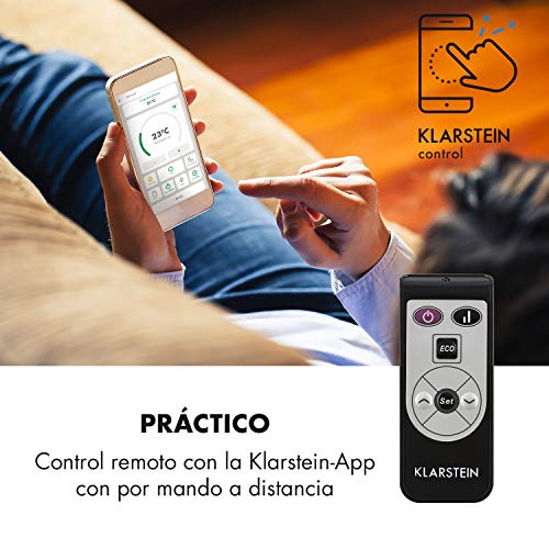 KLARSTEIN Bornholm Smart - Estufa de convección, 2 Niveles, Modo Eco, Seguridad niños, SmartHeat, Protección IP24, Vidrio de Seguridad, Pantalla LED, Panel táctil, Control Remoto, 2.000 W, Antracita