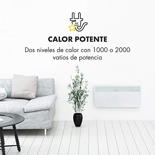 Klarstein Hot Spot Slimcurve - Calefactor por convección, Circulación de aire por calentamiento, 2 niveles potencia, Protección IP24, Hasta 40 m², Detección de ventanas abiertas, Autoapagado, Blanco