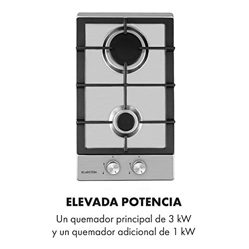 Klarstein Ignito - Placa de cocina a gas, Autárquico, Quemador Sabaf, Gas natural/propano, Válvula de seguridad, Autoapagado, Vitrocerámica, Rejillas de hierro fundido, 30 cm, 2 fuegos, Plateado