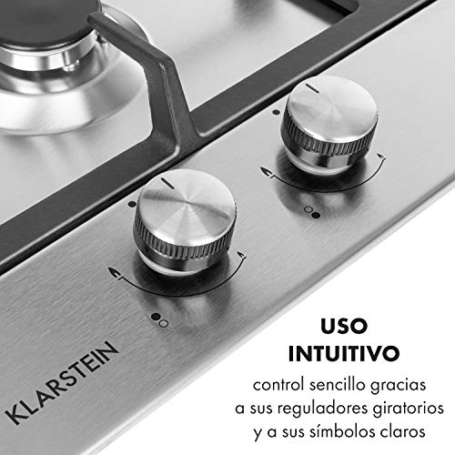 Klarstein Ignito - Placa de cocina a gas, Autárquico, Quemador Sabaf, Gas natural/propano, Válvula de seguridad, Autoapagado, Vitrocerámica, Rejillas de hierro fundido, 30 cm, 2 fuegos, Plateado