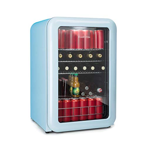 KLARSTEIN Poplife Nevera de Bebidas - A+ 115 litros, 0-10°C, Puerta con Doble acristalado, Iluminación LED, Solo 39 dB, Nevera Retro, Mininevera, Azul [Eficiencia Energética Clase A+]