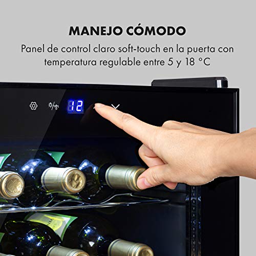 Klarstein Shiraz Uno - Nevera para vinos, 5-18 °C, 42 dB, Panel táctil, Iluminación LED, Altura regulable, Eficiencia energética de clase B, 5 baldas, 67 litros, Para 24 botellas de vino, Negro