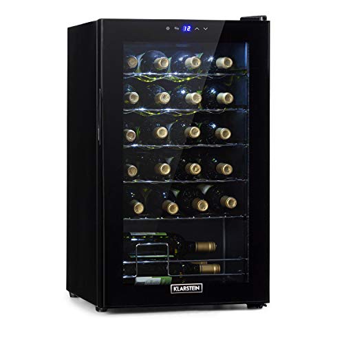 Klarstein Shiraz Uno - Nevera para vinos, 5-18 °C, 42 dB, Panel táctil, Iluminación LED, Altura regulable, Eficiencia energética de clase B, 5 baldas, 67 litros, Para 24 botellas de vino, Negro