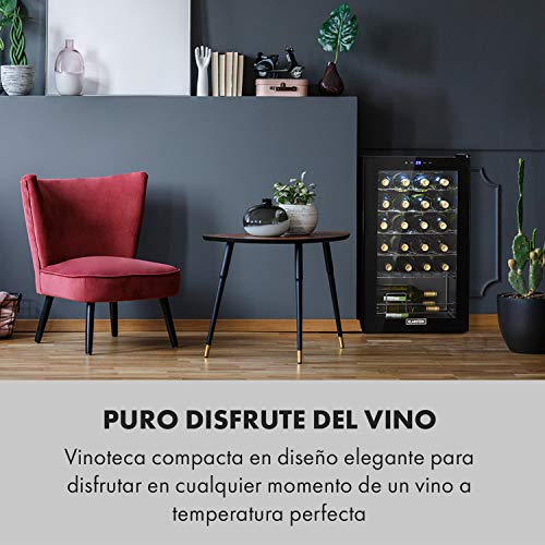 Klarstein Shiraz Uno - Nevera para vinos, 5-18 °C, 42 dB, Panel táctil, Iluminación LED, Altura regulable, Eficiencia energética de clase B, 5 baldas, 67 litros, Para 24 botellas de vino, Negro