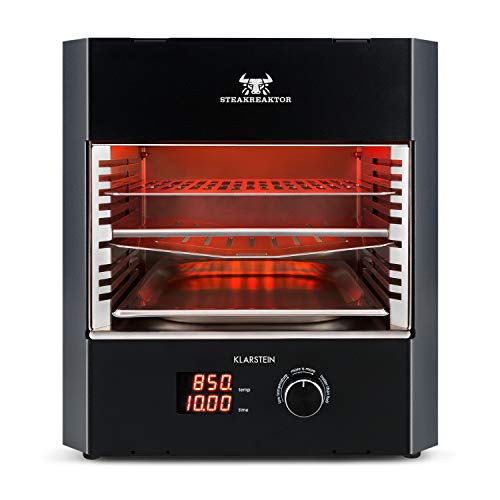 Klarstein Steakreaktor Pro Barbacoa de alta temperatura - Calefactor de cerámica por infrarrojos, 3200 W, 200 ºC y 850 °C, Doble superficie de parrilla de 27 x 23 cm, Acero inoxidable, Negro