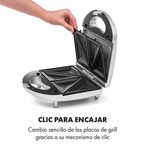 Klarstein Trilit 3 en 1 Sandwichera – Barbacoa de contacto, máquina de gofres, 750 Watt, 3 planchas de aluminio intercambiables, antiadherente, antideslizante, carcasa de plástico, plateado