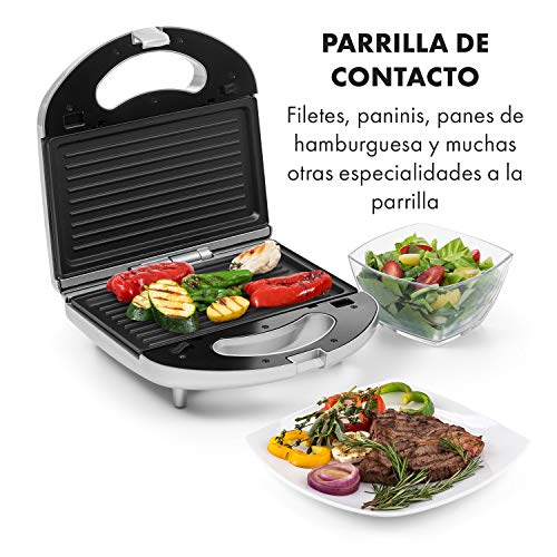 Klarstein Trilit 3 en 1 Sandwichera – Barbacoa de contacto, máquina de gofres, 750 Watt, 3 planchas de aluminio intercambiables, antiadherente, antideslizante, carcasa de plástico, plateado