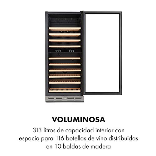 Klarstein Vinovilla 116D nevera de dos zonas, 313 litros, 116 botellas de vino, luces LED, 2 zonas: 5-10 °C / 10-18 °C, 11 baldas de madera, portacopas, panel táctil, clase B, acero inoxidable