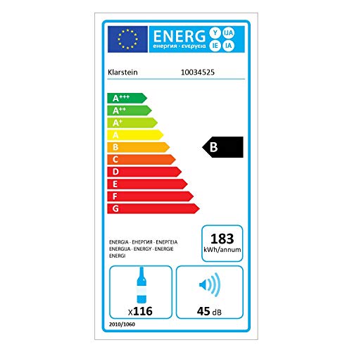 Klarstein Vinovilla 116D nevera de dos zonas, 313 litros, 116 botellas de vino, luces LED, 2 zonas: 5-10 °C / 10-18 °C, 11 baldas de madera, portacopas, panel táctil, clase B, acero inoxidable