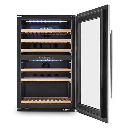 KLARSTEIN Vinsider 35D - Nevera para vinos, Nevera para Bebidas, 128 L, 41 Botellas, 6 Baldas, 2 Zonas, Empotrable, Puerta de Acero Inoxidable, Pantalla LCD, Luz Interior LED, Negro-Plata