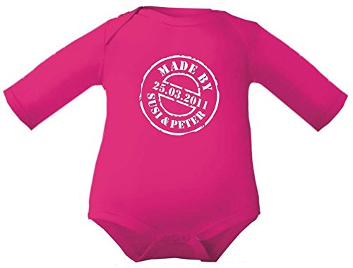 Kleine Fratz - Body para bebé fabricado por + nombre de los padres + fecha de nacimiento para bebé, manga 1/1, en 14 colores, tallas 50 – 98 fucsia Talla 80 cm