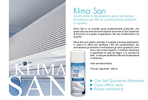 KLIMA SAN 2 PZ.Desinfectante y desodorante en aerosol de acción antiestática para filtros de aire acondicionado y superficies