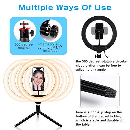 KNMY Anillo de luz, Luz de Anillo LED 10 Pulgadas Fotográfica de Escritoriopara Teléfono 10 Modos de Iluminación 10 Niveles de Brillo para Youtube Transmisión Maquillaje, Youtube, TIK Tok