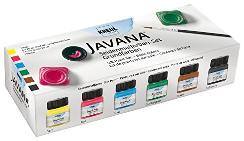 Kreul 81600 Javana - Juego de colores básicos para seda y tejidos claros, 6 colores en cristal de 20 ml, 20 ml Gutta y un pincel