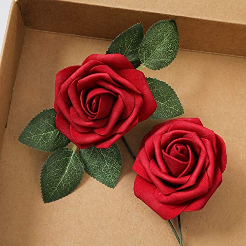 Ksnnrsng Flores Rosas Artificiales Espuma Rosa Falsa para Manualidades, Ramos de Novia, centros de Mesa, Despedidas de Soltera y Decoración del Hogar (25 Piezas, Vino Rojo)