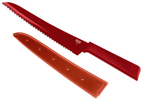 KUHN RIKON, Cuchillo de PAN antiadherente con funda de seguridad Colori +, 32.5 cm, Rojo