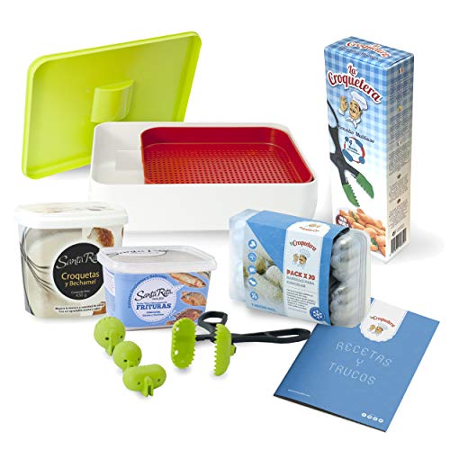 La Croquetera LC044 Kit Pro: Utensilio Multiusos 4 moldes-20 Bandejas-1 Cedazo-2 Paquetes Harinas Especiales: croquetas/Bechamel, y frituras-Consejos y Trucos, Colores aleatorios