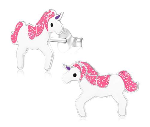 Laimons Kids Pendientes para niña Unicornio rosa con el brillo Plata de ley 925