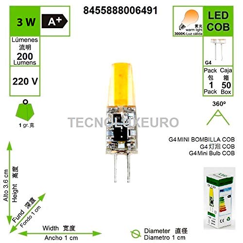 Lámpara Bombilla LED G4 3W COB 220V 3000 K luz Amaria (10-Unidades) Regulable
