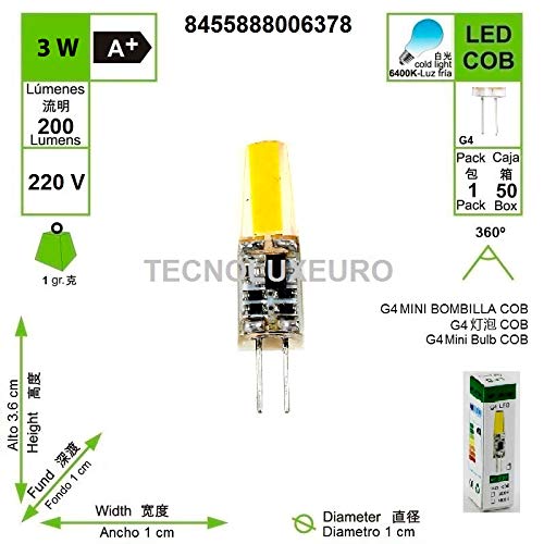 Lámpara Bombilla LED G4 3W COB 220V 6500K luz fría, Equivalentes a 25W Halogena (10-Unidades) Regulable