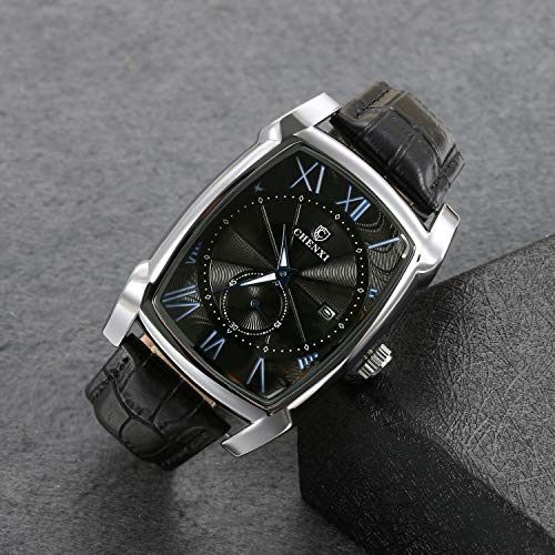 Lancardo Reloj Comercial de Cuarzo para Hombre Mujer Unisex Reloj de Correa de Cuero Dial Negro con Escala de Tiras y Números Romanos Esfera Cuadrada Movimiento Importado 3 ATM Impermeable al Agua