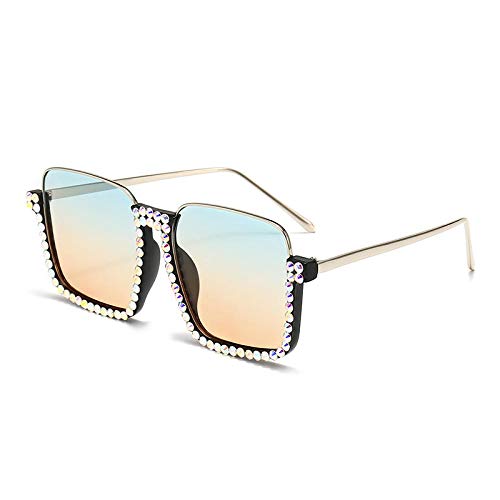 LAOGEFJ Gafas de Sol, Marea Femenina, Cara Grande, Fina, incrustada de Diamantes, exagerada Lente de Piedra de Color Viento, UV 400