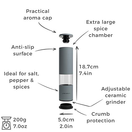 Lars NYSØM Juego de 2 molinillos de Sal y Pimienta de Acero Inoxidable con Molinillo cerámico Ajustable de Grueso a Fino I Juego de molinillos de Especias de diseño (2 Piezas) (Grey)