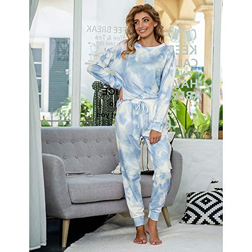 Las mujeres Tie Dye 2pcs Pijamas Sueltos Conjunto de Manga Larga Top Cordón Cintura Pantalones con Bolsillo Loungewear Ropa de Dormir