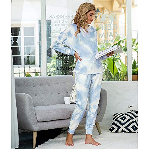 Las mujeres Tie Dye 2pcs Pijamas Sueltos Conjunto de Manga Larga Top Cordón Cintura Pantalones con Bolsillo Loungewear Ropa de Dormir