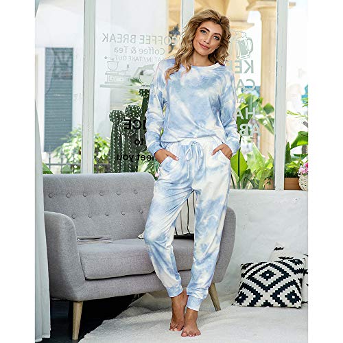 Las mujeres Tie Dye 2pcs Pijamas Sueltos Conjunto de Manga Larga Top Cordón Cintura Pantalones con Bolsillo Loungewear Ropa de Dormir