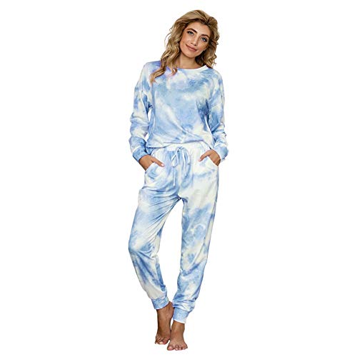 Las mujeres Tie Dye 2pcs Pijamas Sueltos Conjunto de Manga Larga Top Cordón Cintura Pantalones con Bolsillo Loungewear Ropa de Dormir