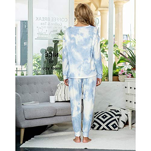 Las mujeres Tie Dye 2pcs Pijamas Sueltos Conjunto de Manga Larga Top Cordón Cintura Pantalones con Bolsillo Loungewear Ropa de Dormir