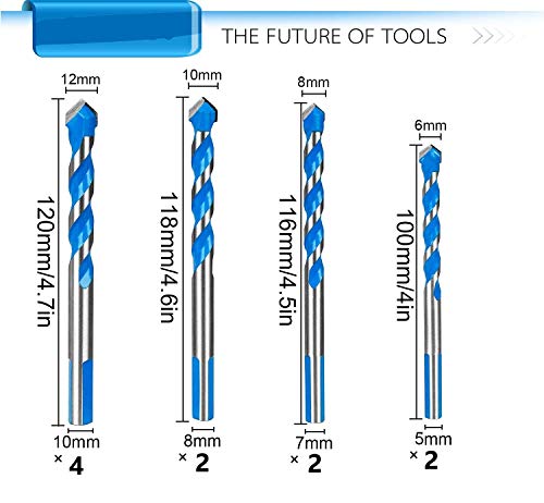 LATERN Broca de 10 piezas, juego de brocas de mampostería de carburo de tungsteno para metal, baldosas de cerámica de porcelana, concreto, ladrillo, plástico y madera - 6/8/10/12mm