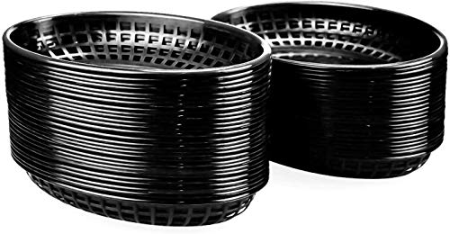 Lawei - Cesta ovalada de plástico para comida, 50 unidades, para patatas fritas, sándwiches, hamburguesas, picnics, barbacoas, fiestas, color negro