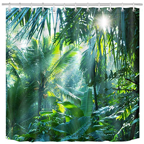 LB Bosque Verde Cortinas de Baño 240X200CM Follaje Tropical,Palmera,Hoja de plátano en la Selva Cortina de la Ducha con Ganchos,Extra Ancho Impermeable Antimoho Poliéster Decoración de Baño