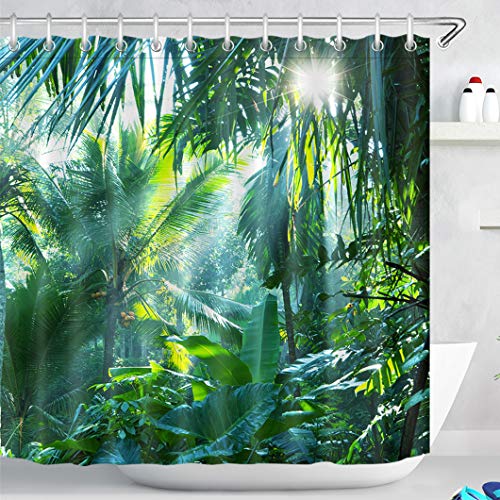 LB Bosque Verde Cortinas de Baño 240X200CM Follaje Tropical,Palmera,Hoja de plátano en la Selva Cortina de la Ducha con Ganchos,Extra Ancho Impermeable Antimoho Poliéster Decoración de Baño