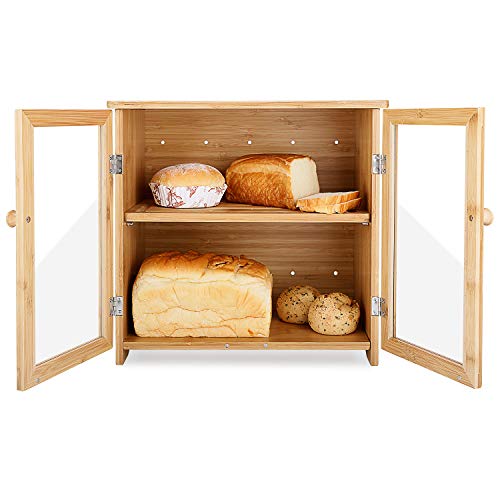 Leader Accessories Caja de pan de bambú de 2 capas con tapa para tabla de cortar Caja de pan de madera de bambú con doble puerta, espacio de almacenamiento ajustable, para cocina, naturaleza