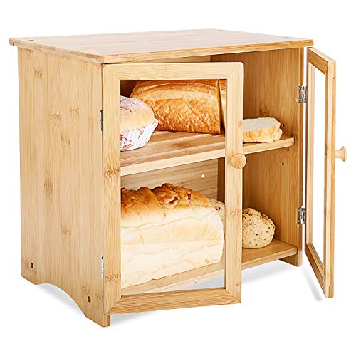 Leader Accessories Caja de pan de bambú de 2 capas con tapa para tabla de cortar Caja de pan de madera de bambú con doble puerta, espacio de almacenamiento ajustable, para cocina, naturaleza