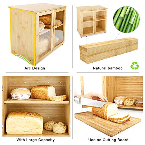 Leader Accessories Caja de pan de bambú de 2 capas con tapa para tabla de cortar Caja de pan de madera de bambú con doble puerta, espacio de almacenamiento ajustable, para cocina, naturaleza